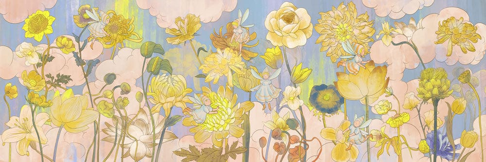 Golden Floral Bliss Mural Wallpaper: Pastel Dreams and Botanical Elegance