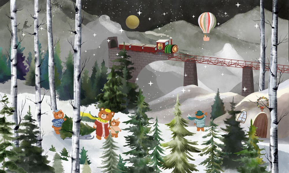 Enchanting Winter Wonderland Mural Wallpaper with Bears and Train Scene