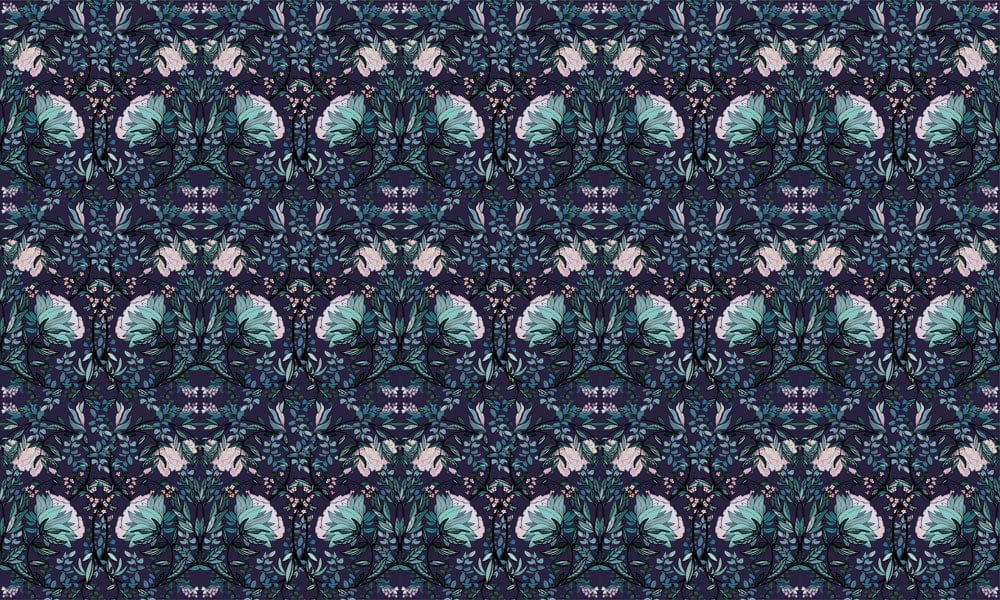 Luxurious Botanical Teal and Midnight Floral Pattern Wallpaper Design