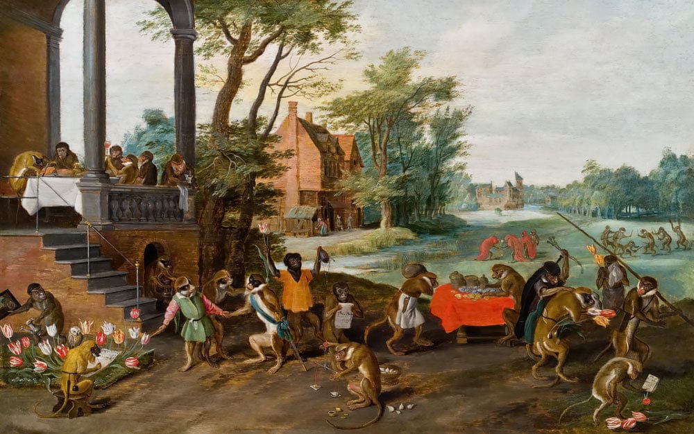Vintage Monkeys in Nature Scenic Mural Wallpaper - Historic Landscape Design