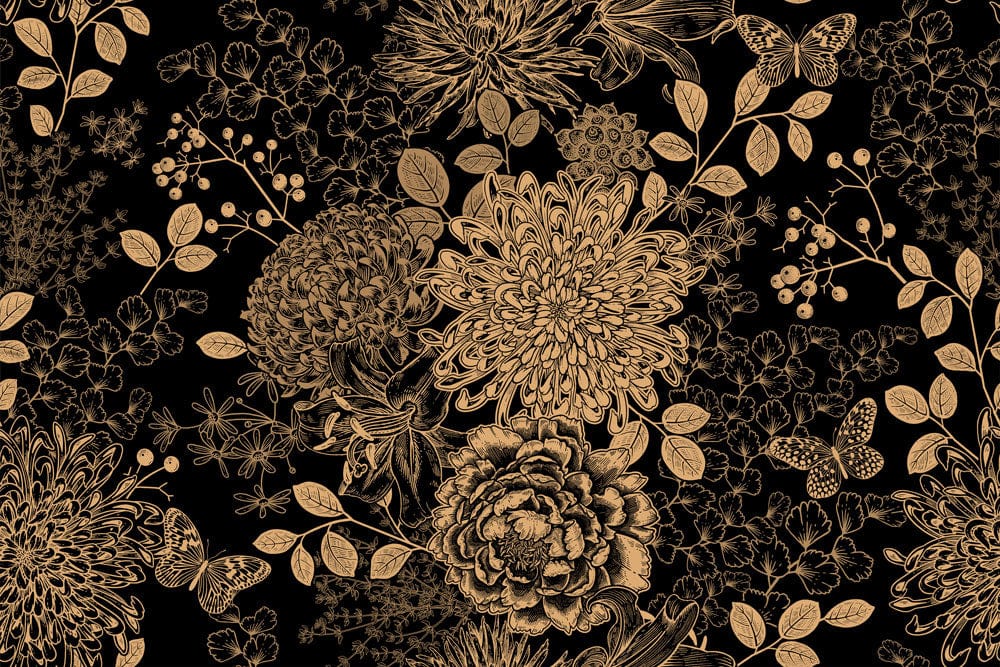Elegant Gold Floral Botanical Pattern Wallpaper in Black Vintage Style Design
