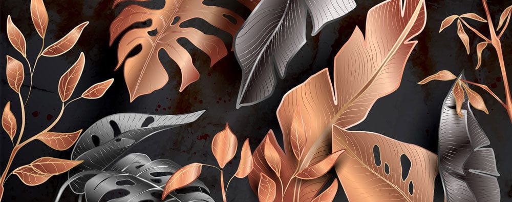 Luxury Copper and Silver Botanical Leaves Modern Black Wallpaper Design.