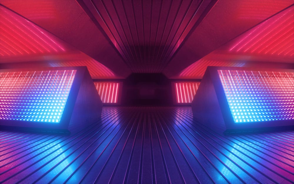 Vibrant Neon Futuristic Geometric Mural Wallpaper in Blue and Pink Hues