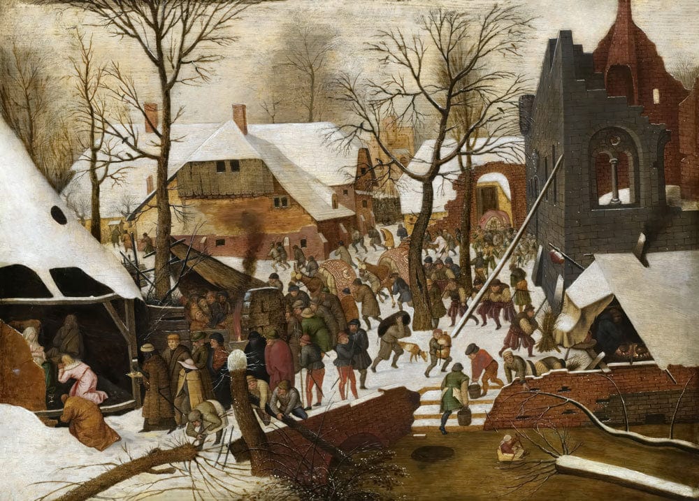 Vintage Winter Village Scene Mural Wallpaper - Rustic Snowy Countryside Art