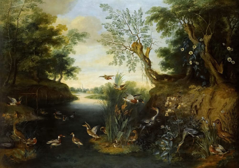 Vintage Scenic Forest Landscape Mural Wallpaper with Birds and Serene Lake