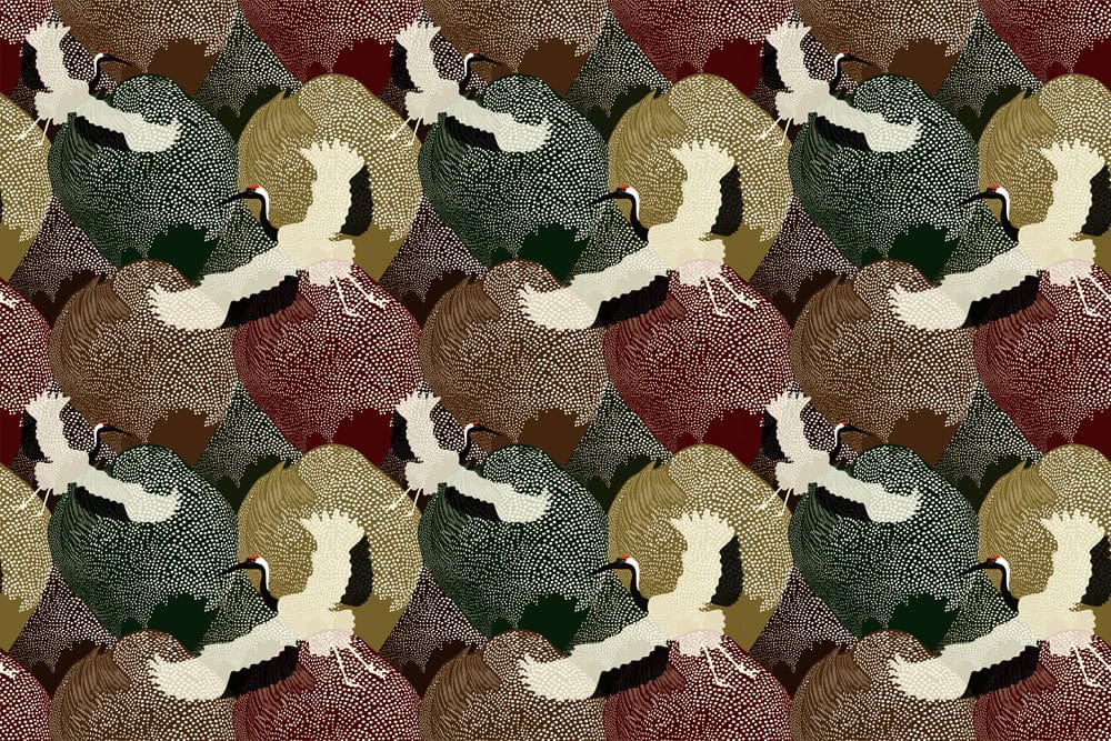 Elegant Crane Pattern Wallpaper in Earthy Tones - Nature Inspired Design