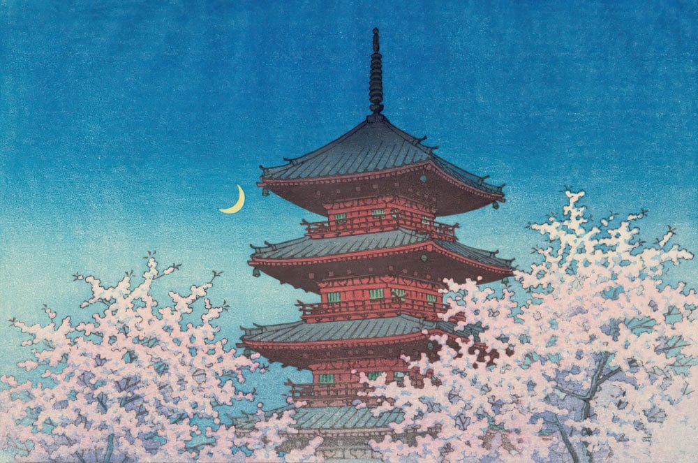 Serene Japanese Pagoda and Cherry Blossom Evening Mural Wallpaper Design