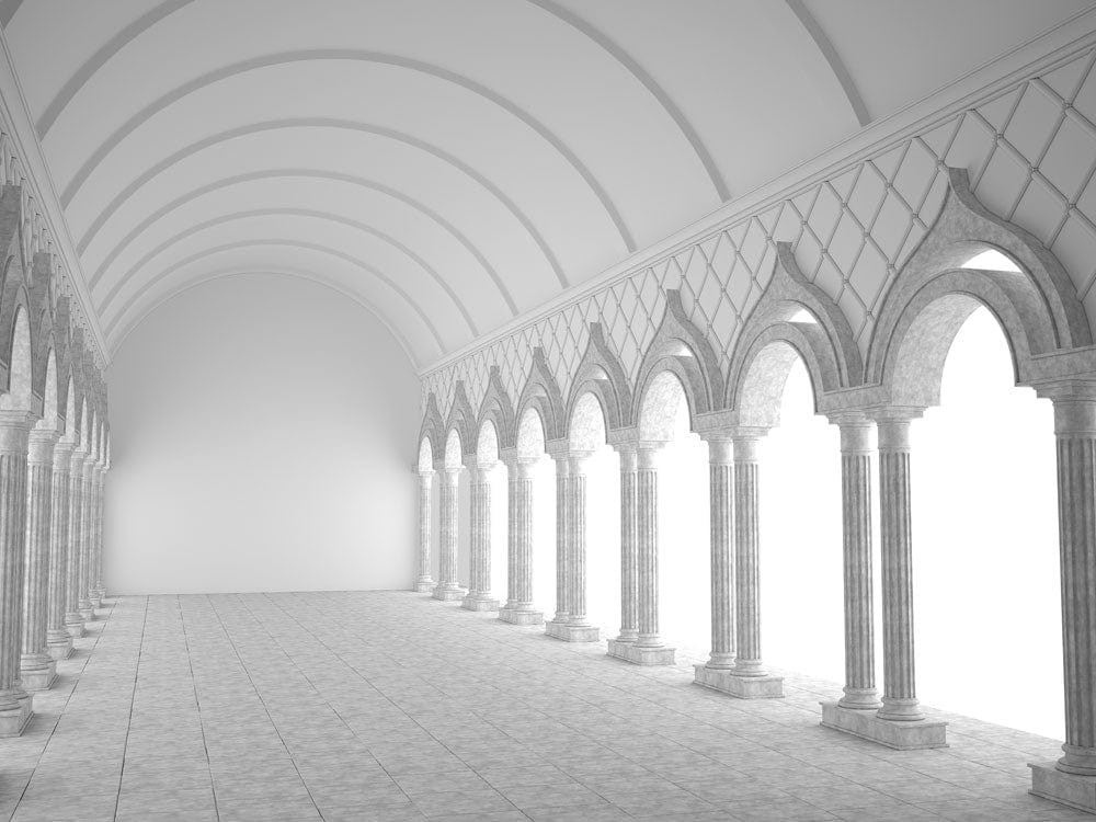 Gothic Architectural Archway Mural Wallpaper in Elegant Monochrome Grey Tones