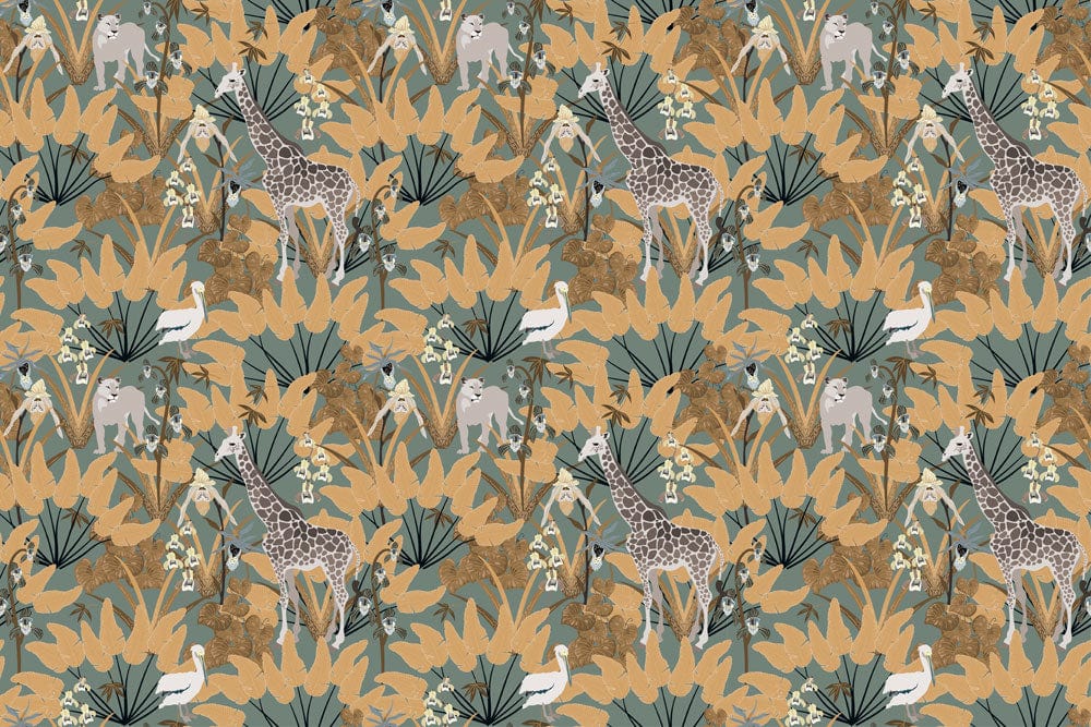 Tropical Safari Adventure Wallpaper with Giraffes in Earthy Green and Gold