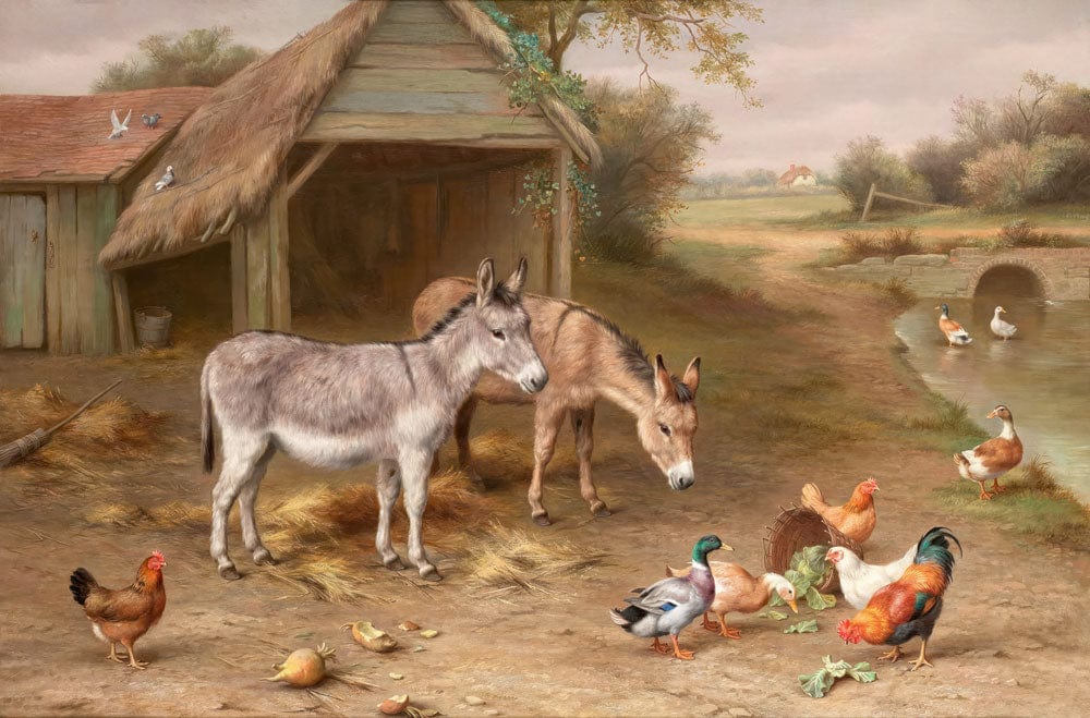 Country Farmyard Animals Scene Mural Wallpaper in Rustic Earthy Tones