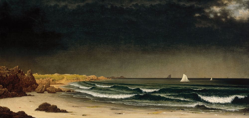 Dark Moody Coastal Seascape Mural Wallpaper with Dramatic Sky and Sailing Boats