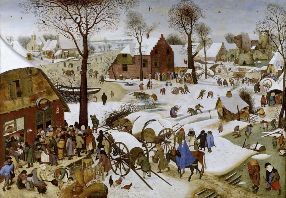 Vintage Winter Scene Mural Wallpaper with Rustic Village Charm, Soft Colours