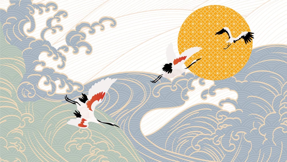 Elegant Crane and Wave Mural Wallpaper with Vintage Japanese Design