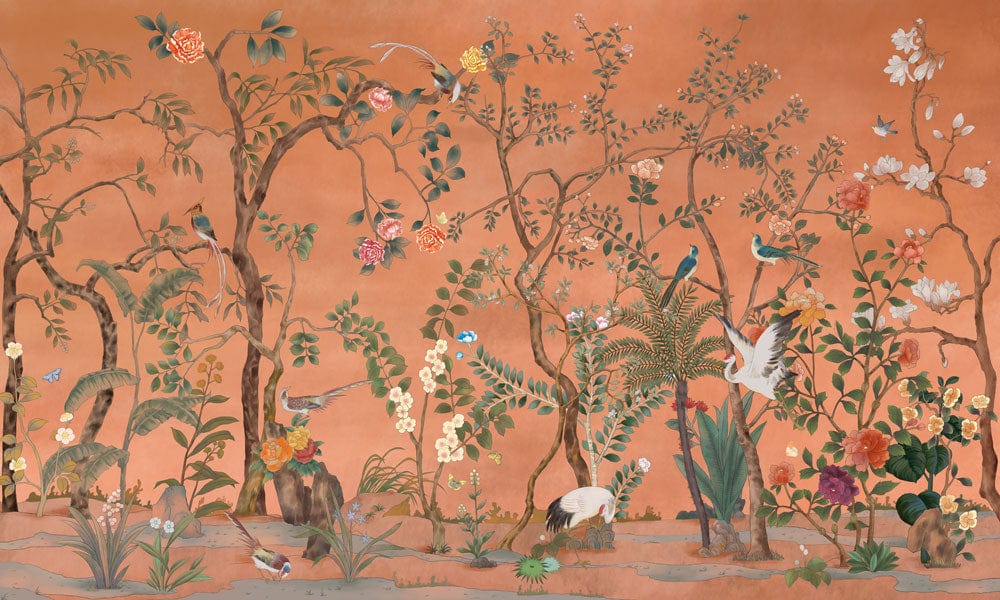 Chinoiserie Coral Garden Mural Wallpaper Exotic Floral Birds Design Luxury Decor