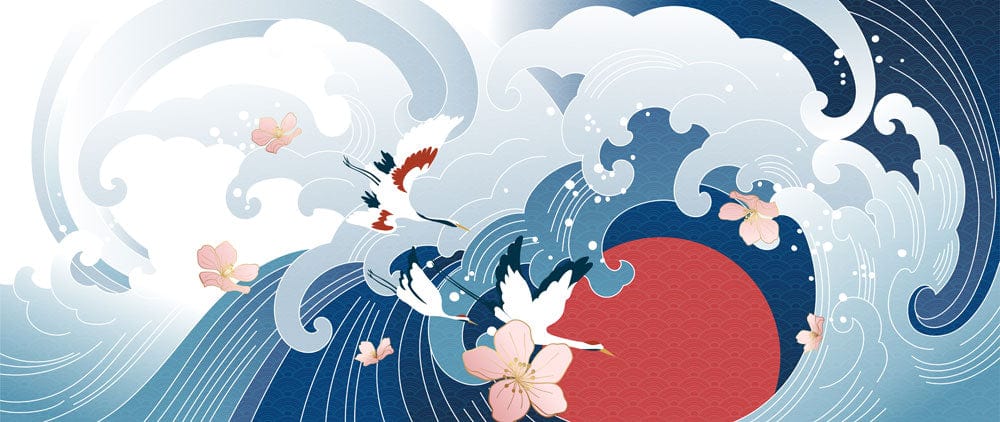 Elegant Japanese Wave Mural Wallpaper with Cranes and Cherry Blossoms Design