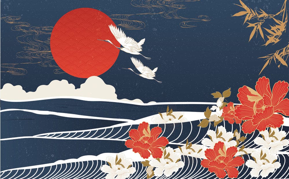 Japanese Crane Mural Wallpaper with Red Sun and Floral Waves Design