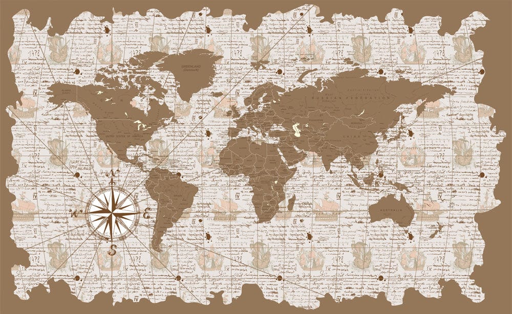 Vintage World Map Wallpaper Mural, Rustic Brown Nautical Adventure Design