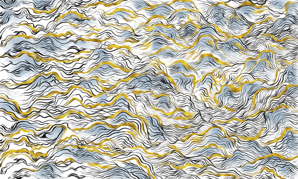 Elegant Blue and Gold Abstract Waves Contemporary Designer Wallpaper Mural