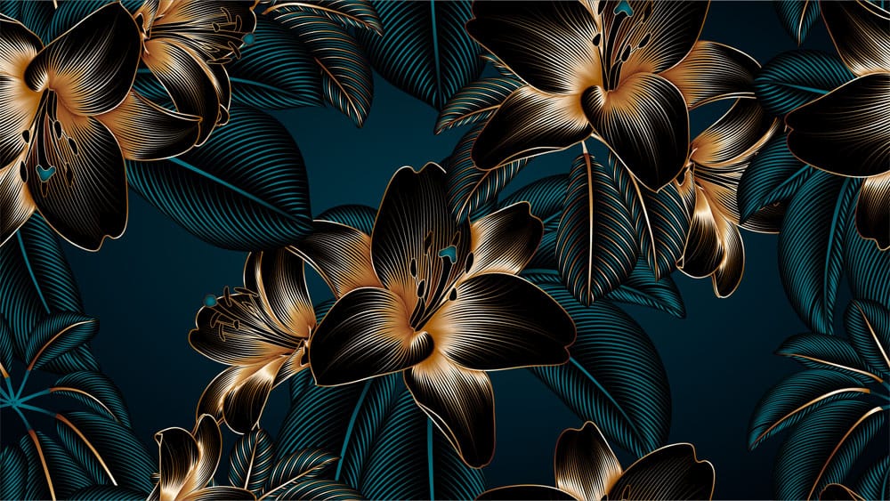 Elegant Midnight Floral Wallpaper with Gold Accents - Luxurious Botanical Design