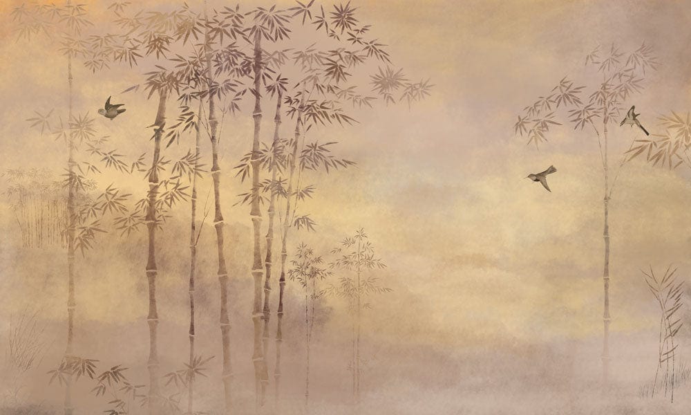 Elegant Bamboo and Birds Mural Wallpaper in Serene Neutral Tones