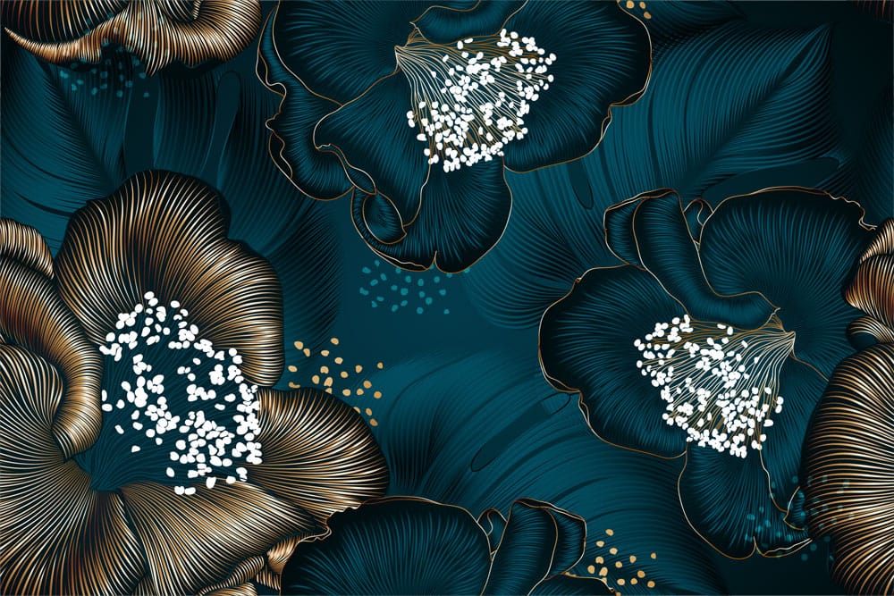Luxurious Teal Floral Mural Wallpaper with Golden Accents and Bold Blooms