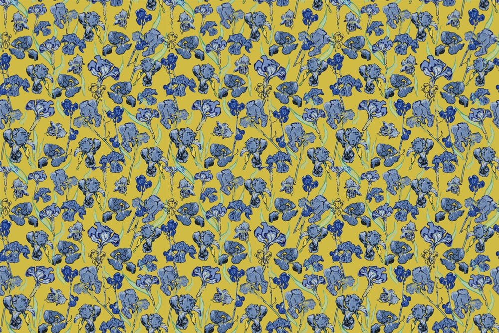 Vintage Blue Floral Delight on Mustard Yellow Background Wallpaper Design