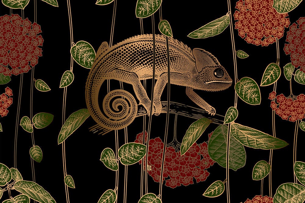 Exotic Chameleon Jungle Black and Gold Floral Nature Wallpaper Design