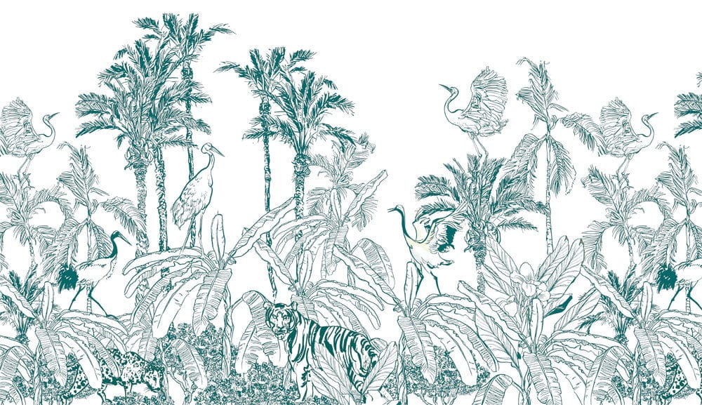 Tropical Safari Green Jungle Mural Wallpaper with Exotic Wildlife Design