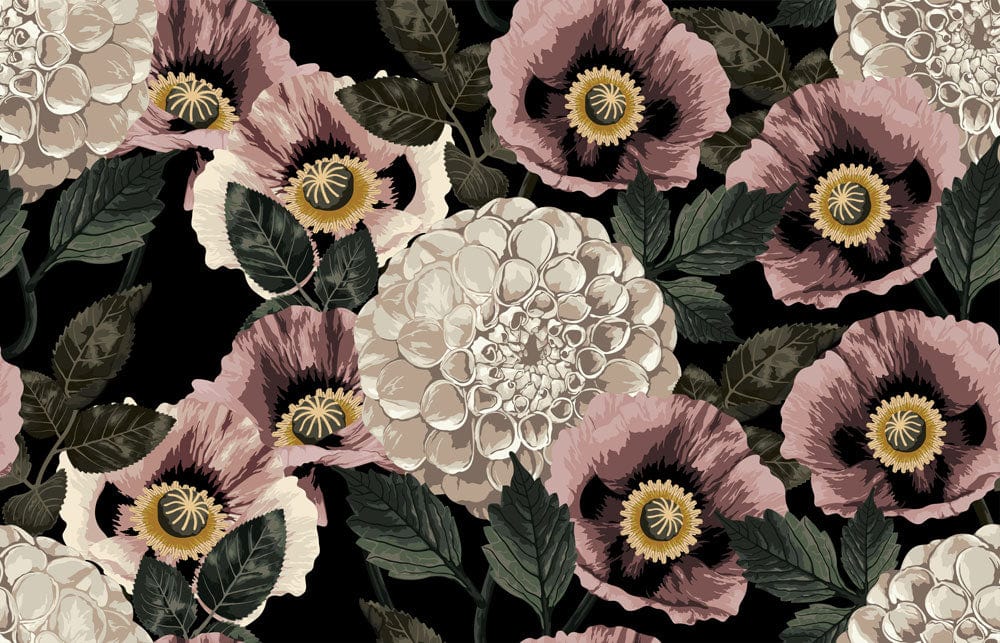 Vintage Floral Elegance Dark Botanical Mural Wallpaper in Mauve and Cream