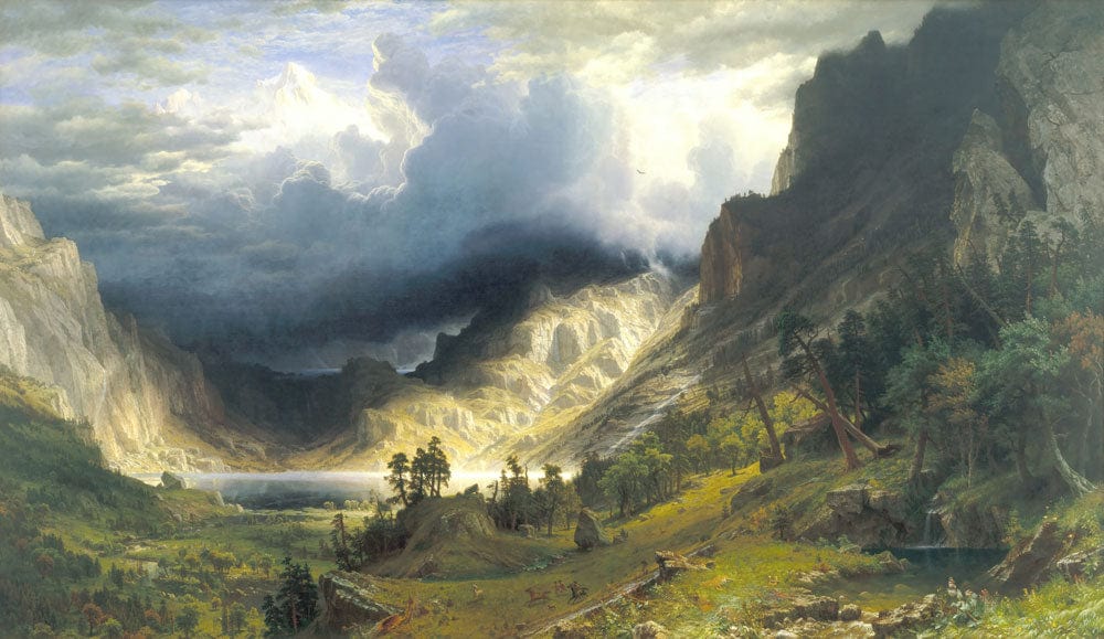 Scenic Mountain Valley Landscape Mural Wallpaper with Dramatic Sky Atmosphere