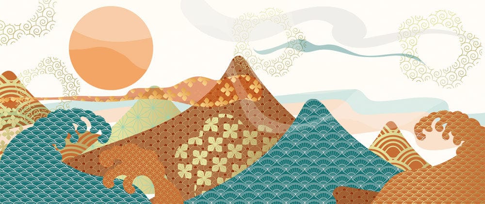 Vintage Japanese Style Landscape Wallpaper - Earthy Tones with Geometric Patterns