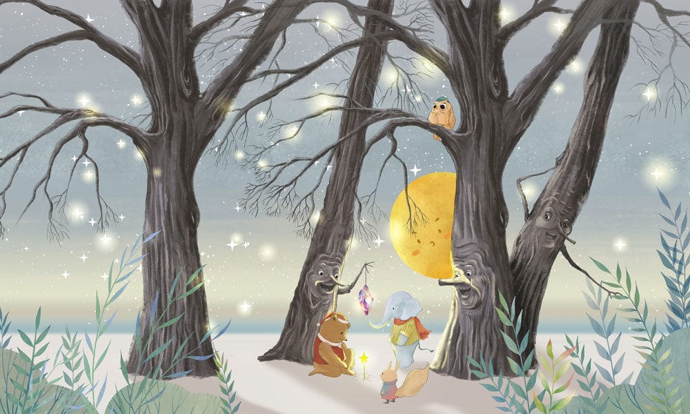 Magical Woodland Creatures Night Sky Mural Wallpaper in Watercolour Style