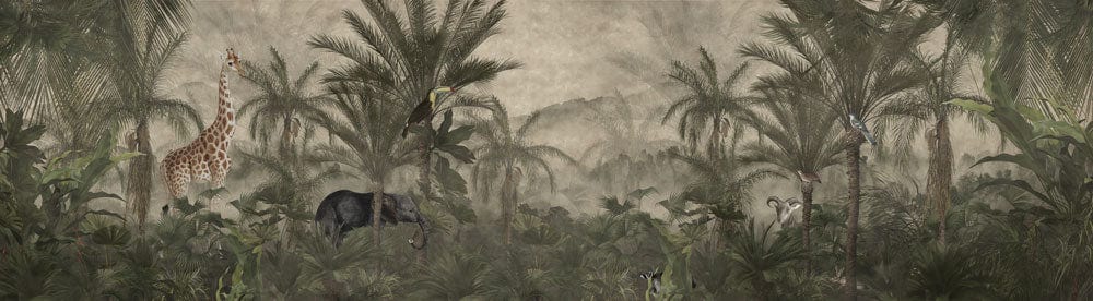 Exotic Jungle Safari Mural Wallpaper in Earthy Tones with Wildlife Scene