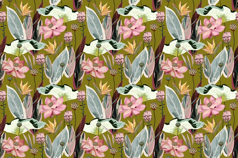 Elegant Botanical Oasis: Green and Pink Floral Patterned Mural Wallpaper