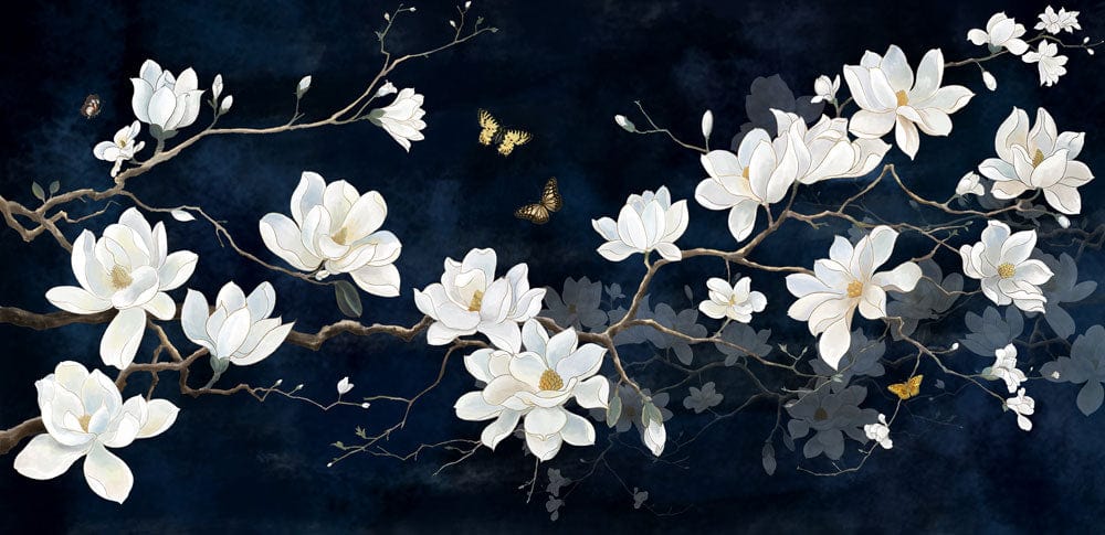 Elegant White Magnolia Blossom Mural Wallpaper in Midnight Blue Background