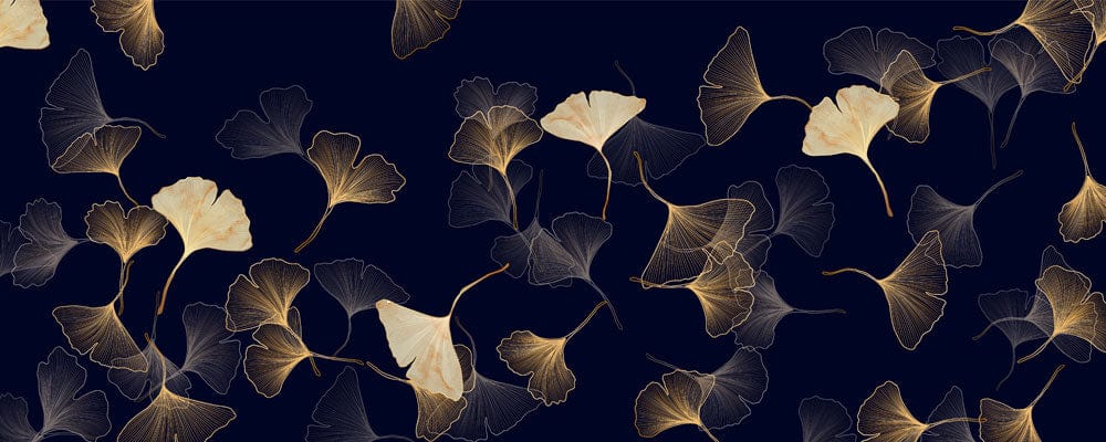 Elegant Gold and Navy Ginkgo Leaf Pattern Mural Wallpaper Design