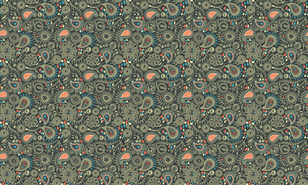 Elegant Vintage Paisley Green and Peach Floral Patterned Wallpaper