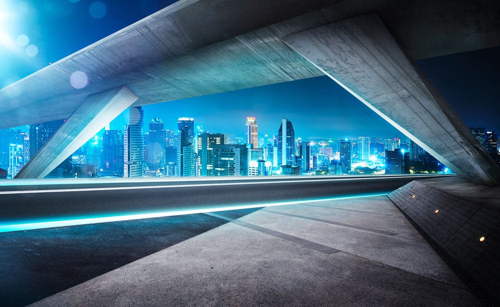 Futuristic Night Cityscape Mural Wallpaper: Vibrant Blue Urban Skyline Design
