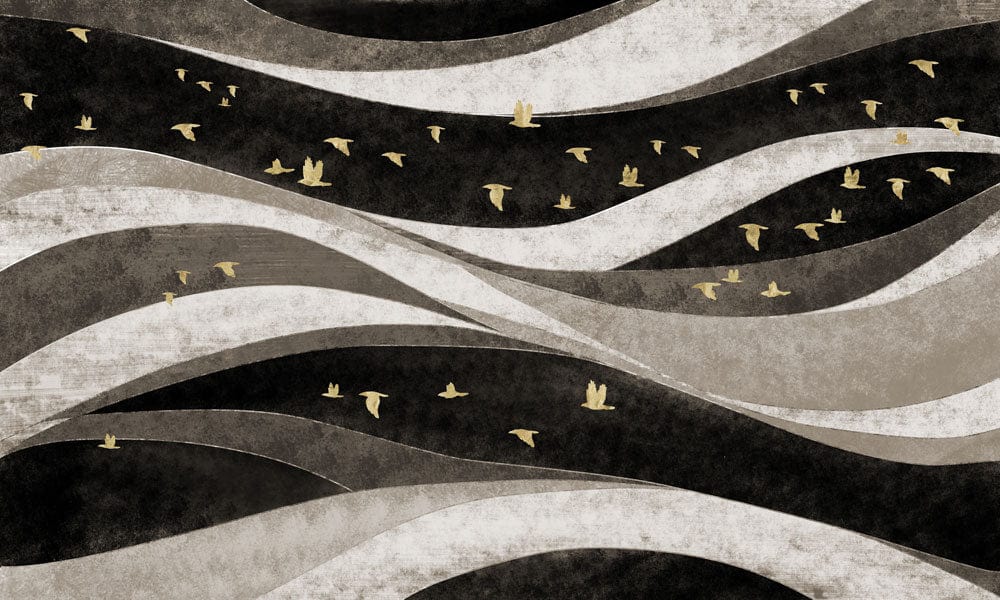 Abstract Waves and Birds Monochrome Mural Wallpaper with Gold Accents Pattern