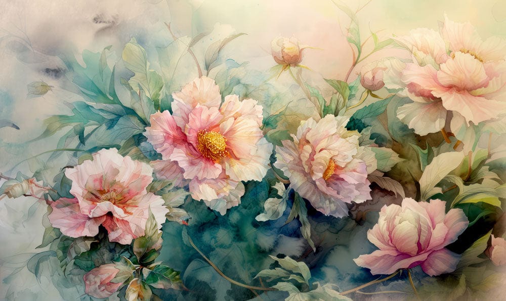 Elegant Pastel Watercolour Floral Mural Wallpaper in Soft Pink Hues