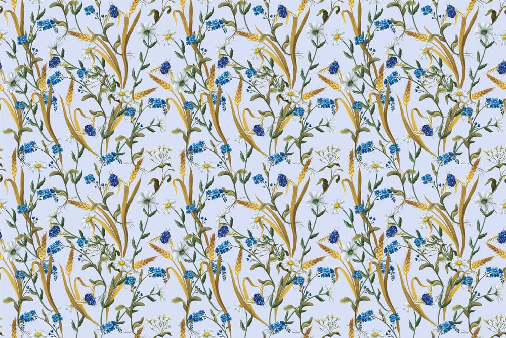 Elegant Blue Floral Meadow Patterned Wallpaper for Timeless Interior Charm