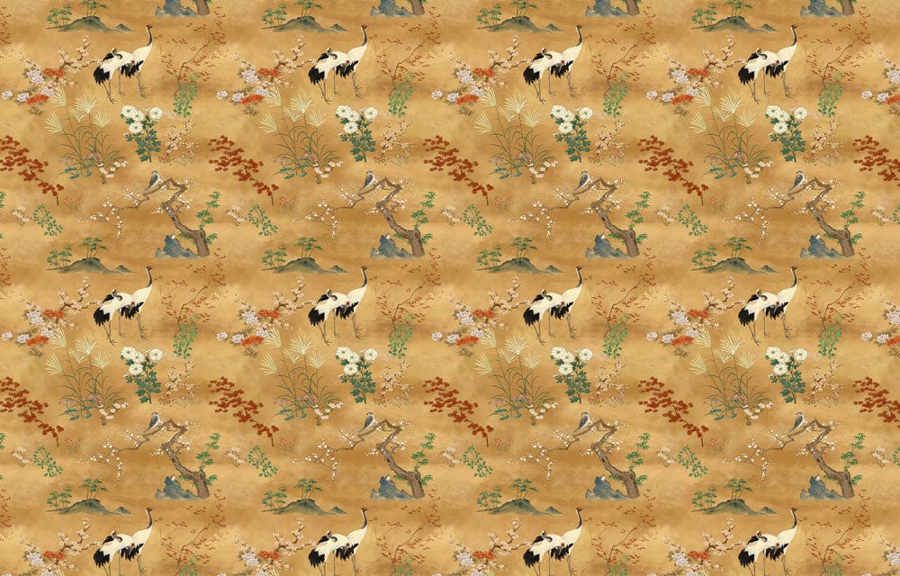 Elegant Vintage Crane and Floral Mural Wallpaper in Warm Earth Tones