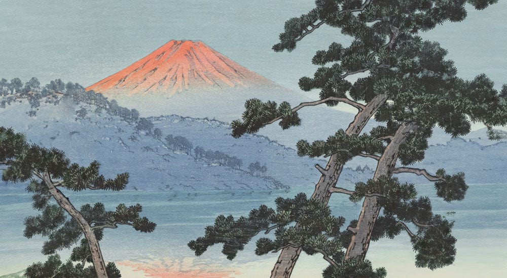 Serene Mountain Landscape Mural Wallpaper with Trees - Watercolour Japanese Style