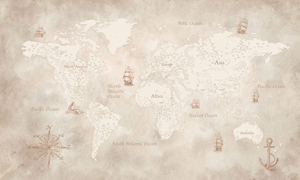 Vintage World Map Mural Wallpaper in Sepia Tones - Nautical Adventure Decor