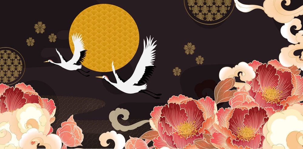Japanese Crane and Floral Wallpaper Mural in Black and Gold Elegance