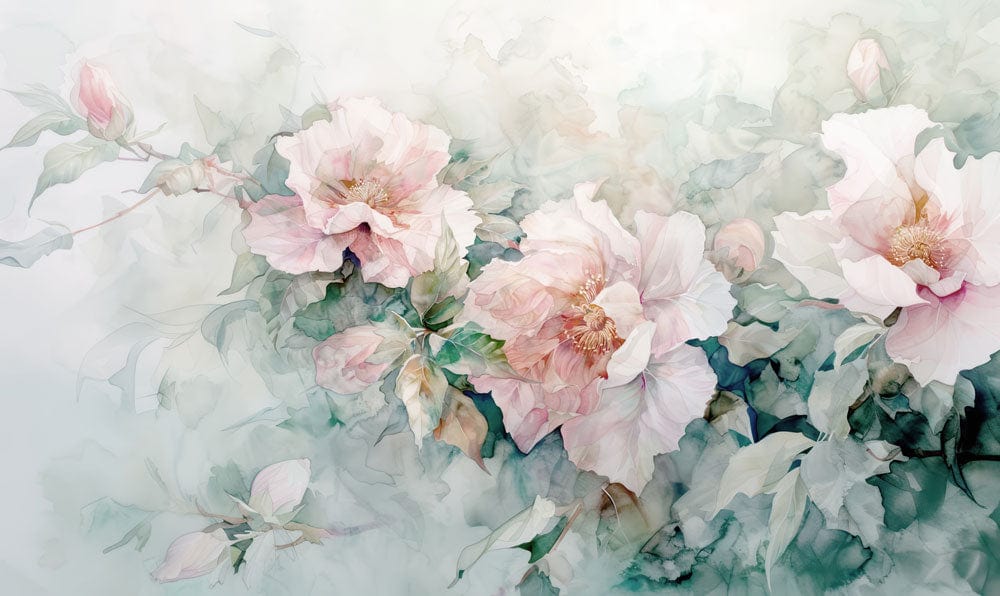 Elegant Pastel Floral Watercolour Mural Wallpaper: Romantic Pink Garden Design