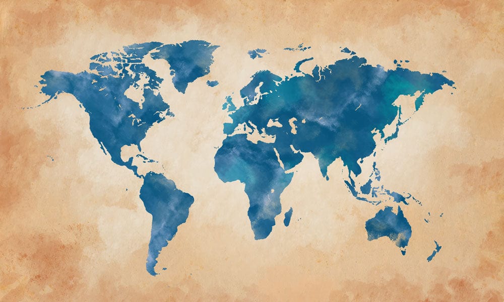 Vintage Blue Watercolour World Map Mural Wallpaper - Rustic Earth Tones