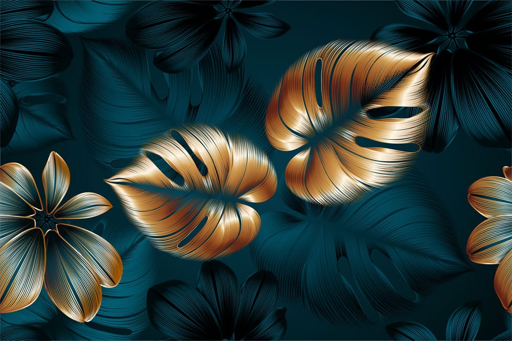 Golden Fern Leaf Elegance: Navy Botanical Mural Wallpaper for Sophisticated Interiors