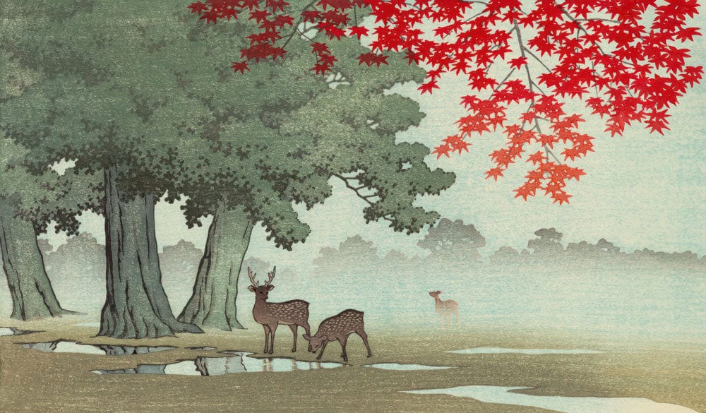 Misty Forest Deer Mural Wallpaper with Red Autumn Leaves Design