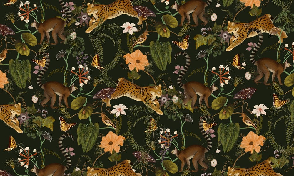 Exotic Jungle Wildlife Mural Wallpaper with Floral Motifs in Lush Green.